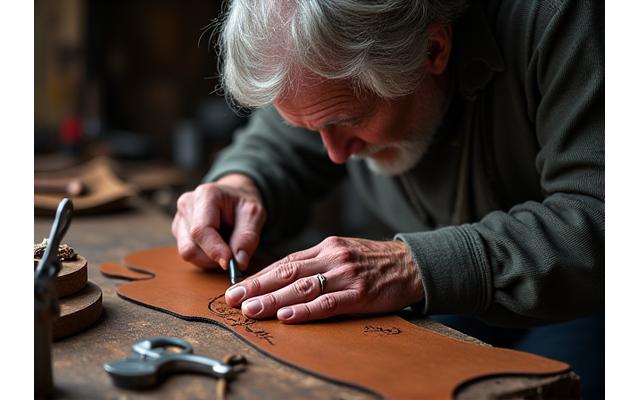 Artisan travaillant le cuir dans son atelier traditionnel, montrant son savoir-faire