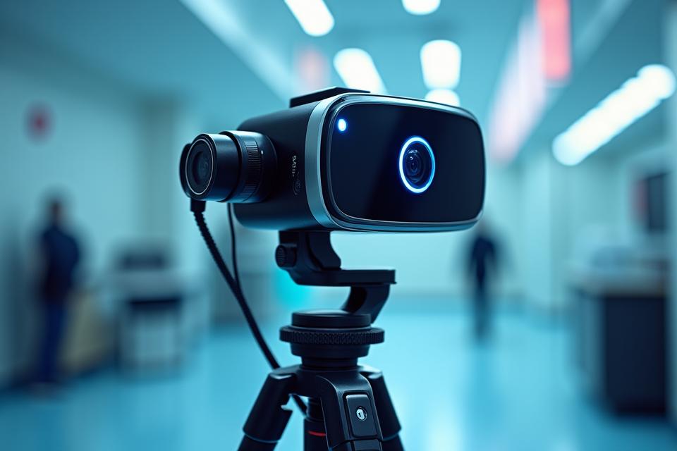 Technicien utilisant une caméra 360° professionnelle haute résolution sur un trépied, dans un environnement de studio moderne.
